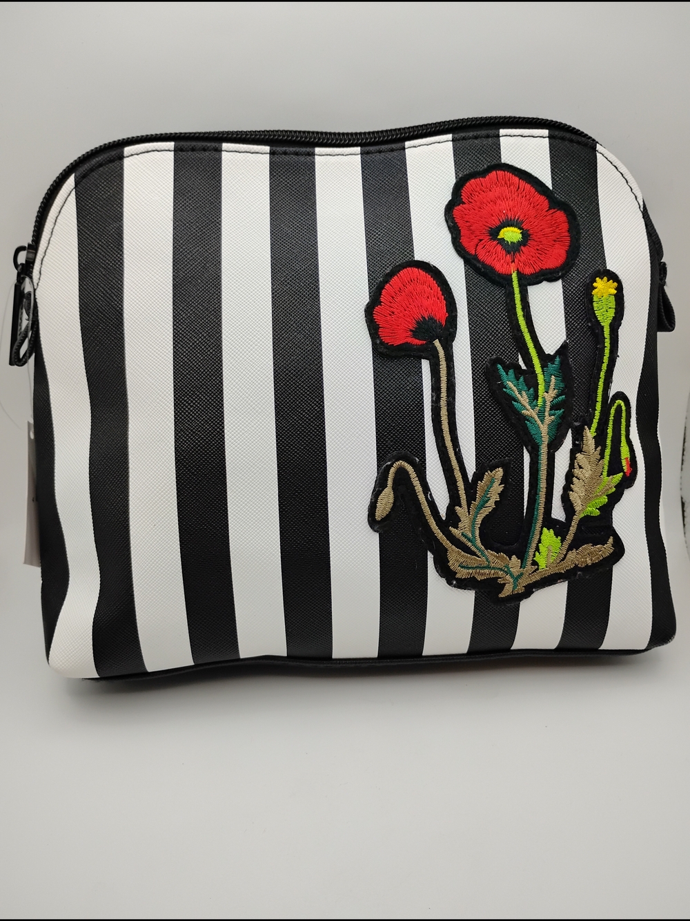 Nordstrom Black & White Striped Cosmetic Bag with Red Floral Patch Brand New - Picture 3 of 6